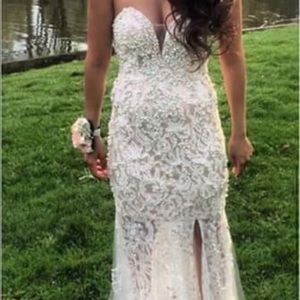 Cream Strapless Pearl Lace Prom/Homecoming Dress